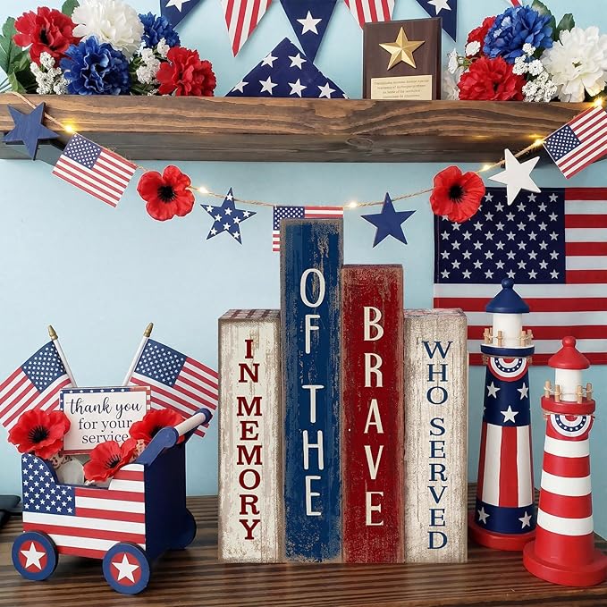 Lineshading 4 Pcs 4th of July Table Decoration Memorial Day Wooden Book America Decor Patriotic Tiered Tray Decor Red White Blue Block Sign for 250th Anniversary Independence Day Home Shelf Coffee Bar