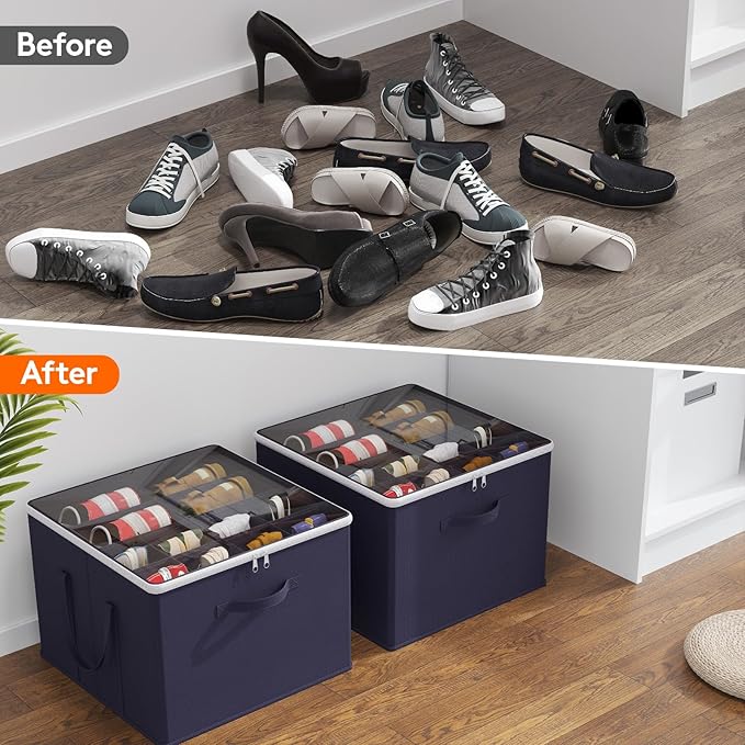 Lifewit Shoe Storage Organizer for Closet, Fabric Large Shoe Box Storage Containers with Clear Cover, Foldable Bins for Boots Heels Sneakers Fits 24-32 Pairs (Each 12-16 Pairs) 2 Pack Blue