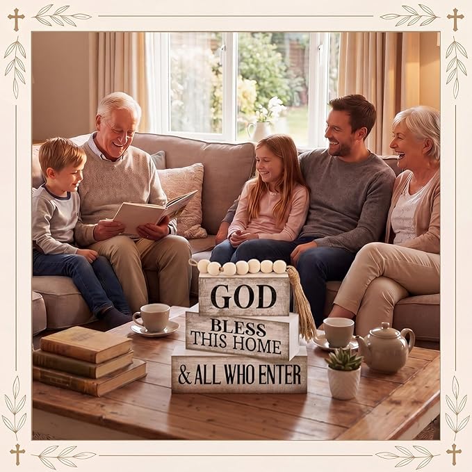 Moucuny 4 Pcs Christian Table Decor Rustic Wooden Block Sign Set with God Bless This Home & All Who Enter Farmhouse Stacked Decor with Beaded Garland Tassel Christian Home Decors for Office, Shelf