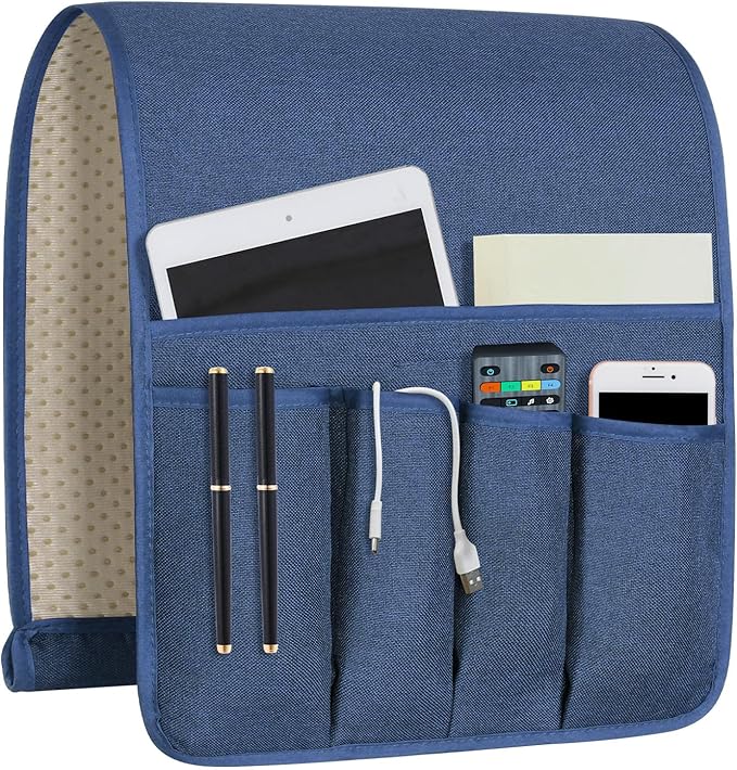 NB Remote Control Holder，Bedside & Armchair & Couch Caddy with Non-Slip Base，5 Pockets Oxford Fabric Bed Desk Storage Pocket for Phone Tablet Kindle Magazines，Gifts for Seniors (Blue， 35"X12.4")