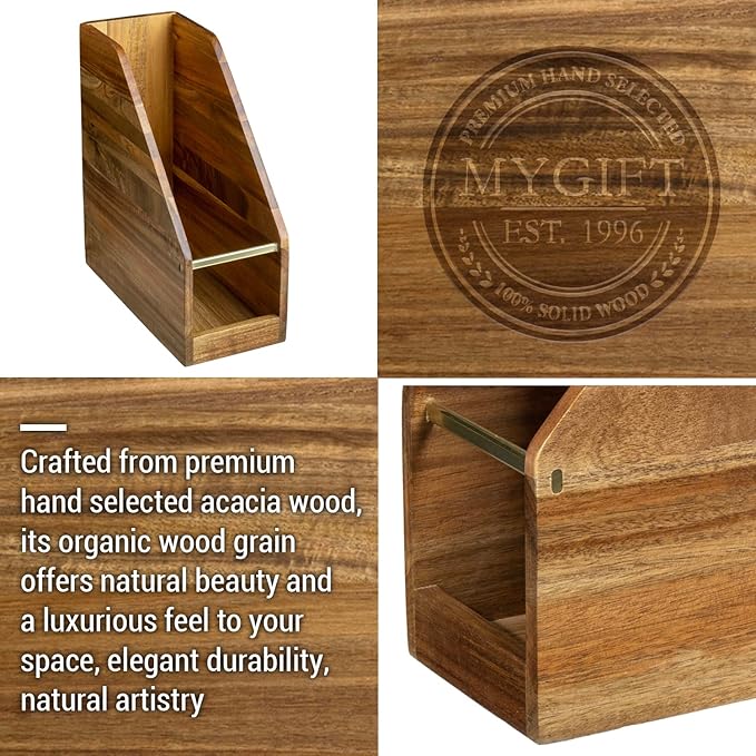 MyGift Premium Hotel Series Solid Acacia Wood Desktop Magazine File Holder Bin with Brass Tone Metal Accent, Vertical Office Desk Document Folder Binder Storage Organizer Rack