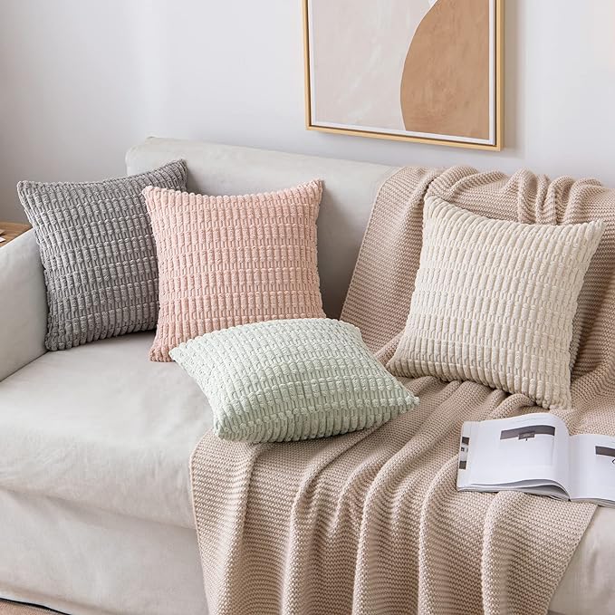 MIULEE Pack of 2 Spring Corduroy Decorative Throw Pillow Covers 18x18 Inch Soft Boho Striped Pillow Covers Modern Farmhouse Home Decor for Summer Sofa Living Room Couch Bed Light Green