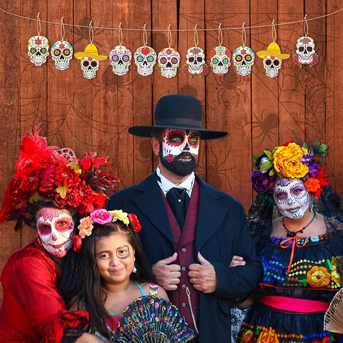 Haooryx Halloween Day of the Dead Ghost Wooden Hanging Ornaments - 25Pcs Sugar Skulls Wood Pendent Decoration Mexican Fiesta Dia de Los Muertos Skull Skeleton Tag for Tree Halloween Party Favor Supply