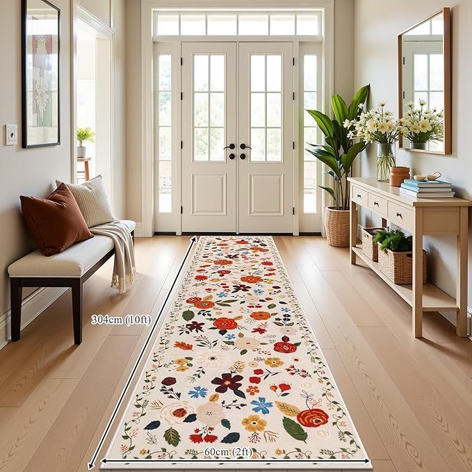 U'Artlines 2' x 10' Colorful Floral Runner Rug for Hallways Kitchen Rugs Soft Non Slip Washable Floor Carpet Runners for Entryway Laundry Room Bathroom Beige