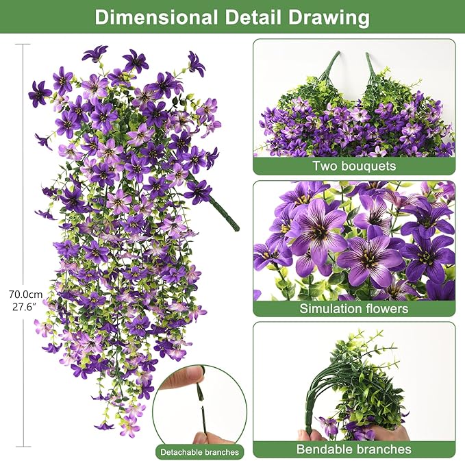 Artificial Hanging Flowers Plants for Outdoor Spring Summer Decoration, 2PCS Faux Silk Daisy UV Resistant Look Real for Outside Home Indoor Planter Porch Garden Yard Decor(Dark Orchid)