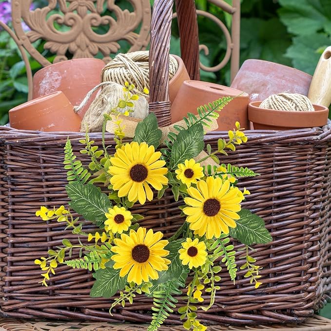 6 Pcs Mini Sunflower Wreath for Front Door Artificial Sunflower Spring Summer Swag Wreath Fake Yellow Floral Candle Rings Wreaths for Pillars Cabinets Window Home Wall Décor