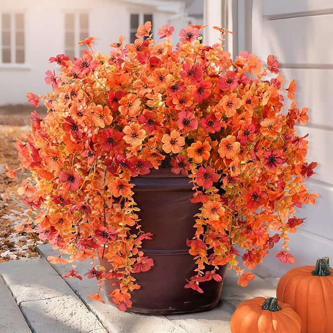 Artificial Fall Flowers for Outdoors, 2PCS Silk Fake Flowers Realistic Daisy Mums UV Resistant Porch Patio Window Yard Decor (Fall Orange)