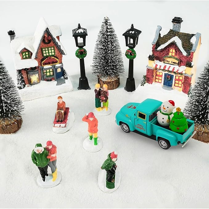 Vintage Blue Christmas Truck Decor – 4.9″Retro Die-Cast Metal Pickup with Snowman and Christmas Tree Figurines for Xmas Town Village Accessories Set Display Home indoor Decoration Gift(Xmas-Blue)