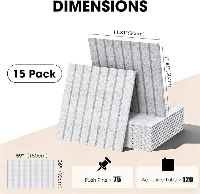 Large Cork Board for Walls 59" x 36",15 Pack 12"X12"Felt Bulletin Board Tiles with 120 Adhesive Tabs,Cork Board Alternative for Office Decor, Push Pin Board Wall Organizer-Light Gray