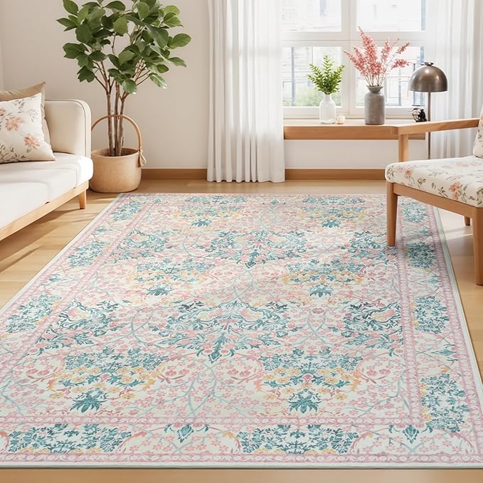 Lessymo Floral Washable Area Rugs 6x9, Soft Pink Rugs for Living Room Bedroom Nursery Dining Room, Vintage Carpet Mat Low Pile Non Slip Stain Resistance Distressed Retro Indoor, Pink Green