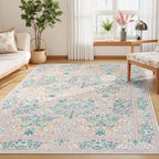 Lessymo Bedroom Rug 5x7 Area Rug for Living Room, Vintage Washable Floral Floor Mat Pink Rugs for Girls, Low Plie Non Skid Indoor Boho Forest Rugs for Nursery Dining Room, Pink Green