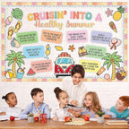 Retro Summer Beach Bulletin Board Set Groovy Hawaii Beach Classroom Decorations Cruisin' Into A Healthy Summer Tropical Classroom Paper Cutouts for Back to School Chalkboard Wall Teacher Supplies