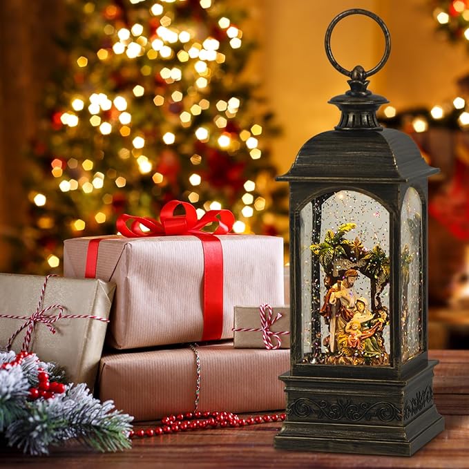 Wondise Lighted Musical Snow Globe Lantern with 6 Hour Timer, USB Powered and Battery Operated Spinning Water and Swirling Glitter Christmas Snow Globe Lantern Gifts(Nativity)