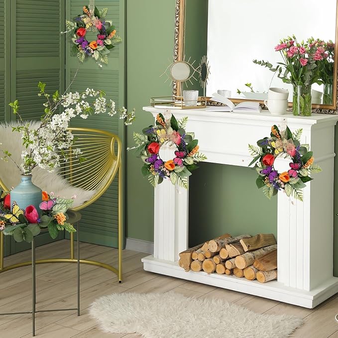 6 PCS Spring Lavender Tulips Hanging Wreaths for Kitchen Cabinets Artificial Small Floral Wreaths for Front Door with Butterfly Spring Summer Mini Wreath for Home Farmhouse Window Porch Wall Decor
