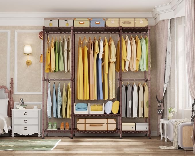 Ulif E3 Heavy Duty Garment Rack, 4 Tiers Freestanding Closet Organizer System with 5 Shelves, Metal Closet Organizer and Storage System for Clothes, Max Load 850lbs, 58.4"W x 15.7"D x 77.3"H, Bronze