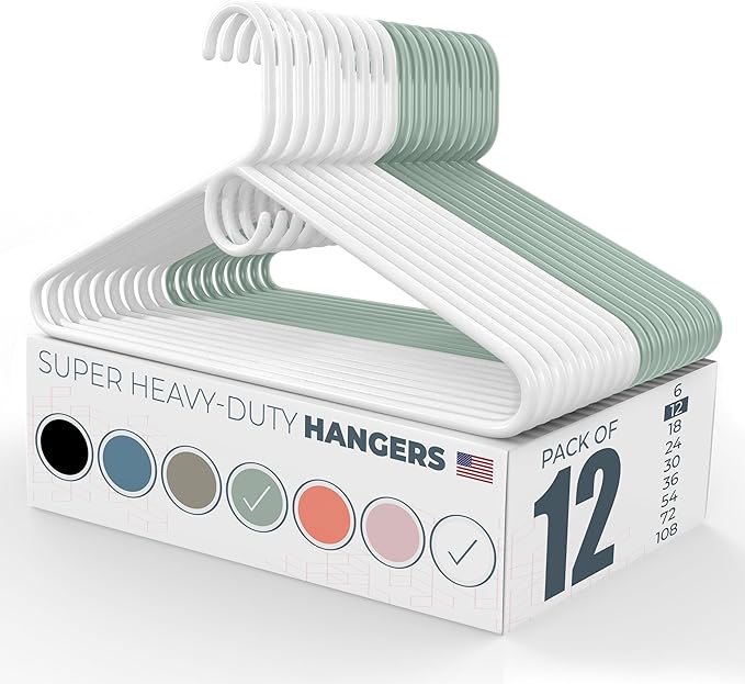 Neaties Super Heavy Duty Clothes Hangers 12 Pack – Made in the USA - 10lb Capacity, Thick Plastic Hangers for Pants, Coats, Jackets, Jeans and Adult Clothing – White & Mint
