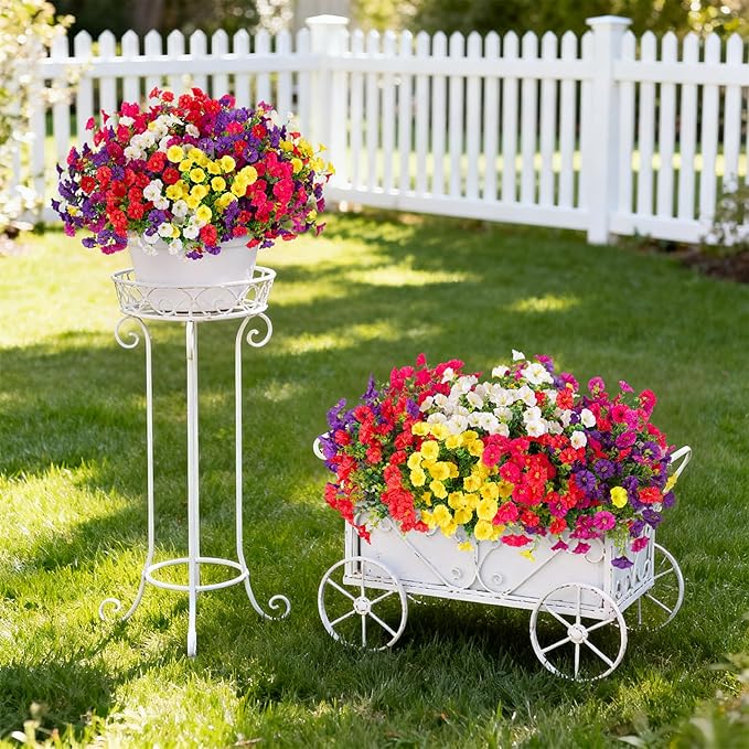 Artificial Flowers for Outdoors Decoration, 12 Bundles Fake Plastic Flower Plant, Faux Colorful Silk Morning Glory Petunias for Spring Summer Outside Garden Porch Front Door Decor, Six Mixed
