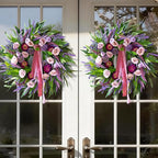 Spring Wreaths for Front Door 24 Inch Luxury Lavender Summer Wreath with Pink Ribbon,Artificial Peony & Rose Spring Door Wreath for Farmhouse Home Wall Porch Window Seasonal Display