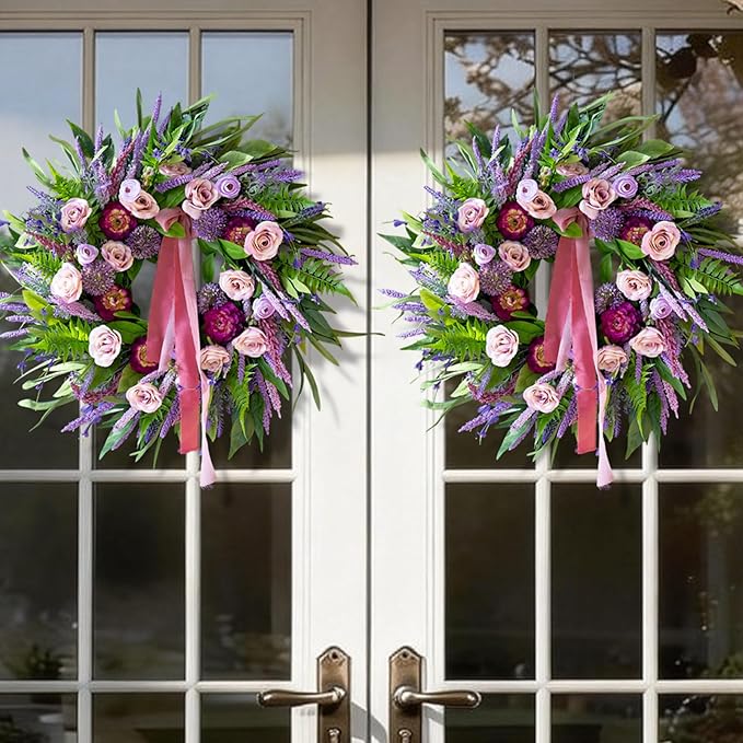 Spring Wreaths for Front Door 24 Inch Luxury Lavender Summer Wreath with Pink Ribbon,Artificial Peony & Rose Spring Door Wreath for Farmhouse Home Wall Porch Window Seasonal Display