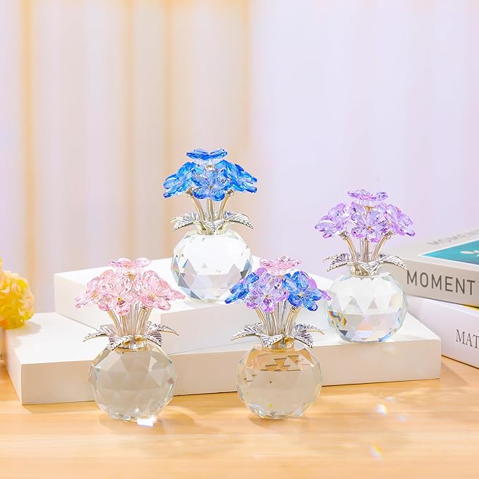 Qianwei Pink Forget Me Not Crystal Flowers - Sympathy Glass Flowers Collectible Figurines Decor Paperweight Ornament Home Office Table Desk Decorations