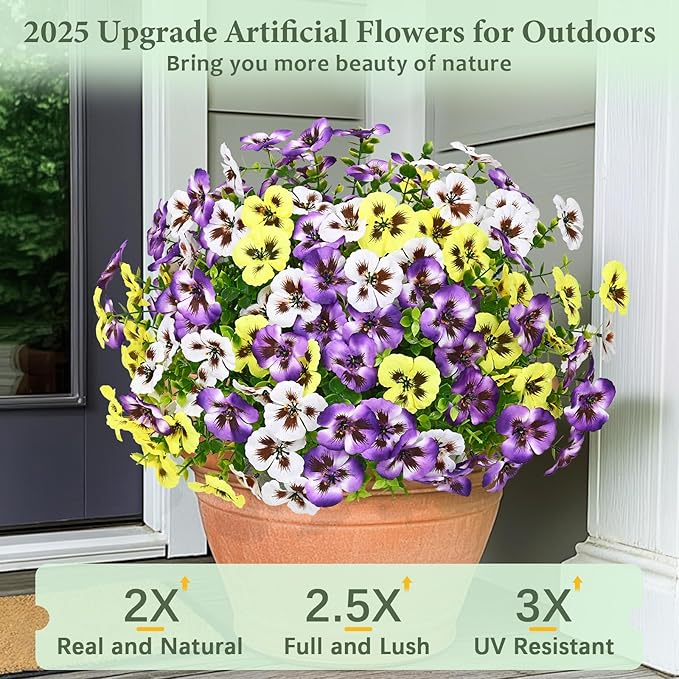 MARTINE MALL 18 Bundles Look Real Artificial Flowers for Outdoors, Realistic Fake Outdoor Flowers, UV Resistant Silk Pansy Flowers for Outside Faux Flower Plants for Outdoor Porch Garden, Mixed Colors