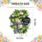 Spring Summer Wreaths for Front Door, Half Circle Summer Wreath with Hydrangea & Peony, Striped Bow & Welcome Sign – 24 Inch Indoor/Outdoor Seasonal, Housewarming & Festive Spring Door Wreath Decor