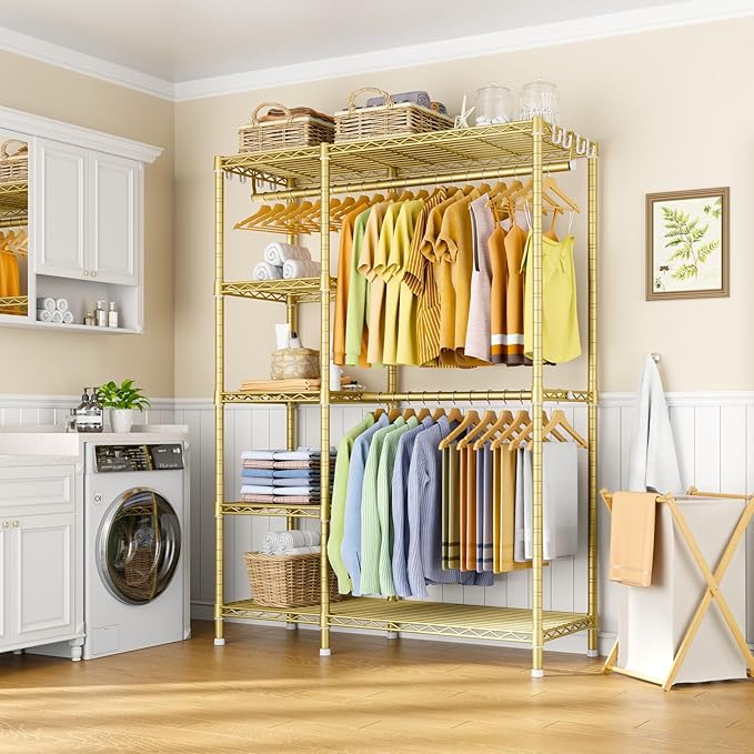 Ulif F2 Clothes Rack, 5 Tiers Heavy Duty Garment Rack for Bedroom, Freestanding Adjustable Closet Storage Organizer, 46.1" W x 15.4" D x 78.3" H, Load 630lbs, Upgraded Gold