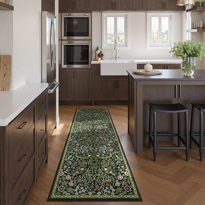 Moynesa Floral Kitchen Runner Rug 2x6, Washable Runners for Hallways Non Slip Green Soft Bathroom Carpet Runner, Boho Ultra Thin Botanical Throw Rug for Laundry Room Entryway, Green