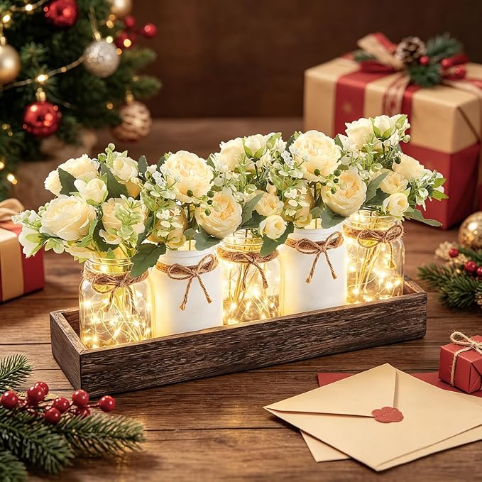 Mkono Mason Jar Lights Centerpiece Table Decor for Dining Room Farmhouse Wood Tray with Flowers Valentines Day Decoration for Coffee Table Kitchen Living Room Wedding