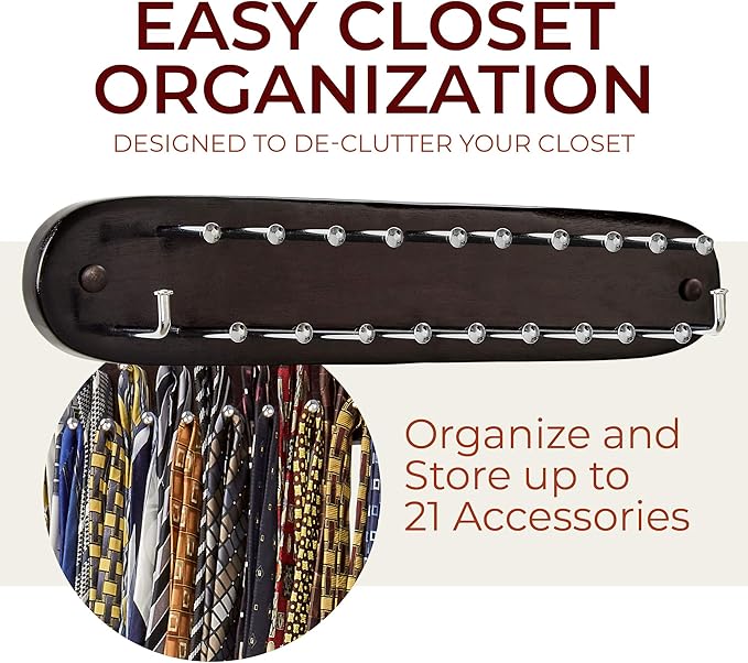 Richards Homewares Tie Rack Wall Mounted - Wood Tie Organizer for Closet 21 Chrome Hooks Storage and Organization Hnager Walnut