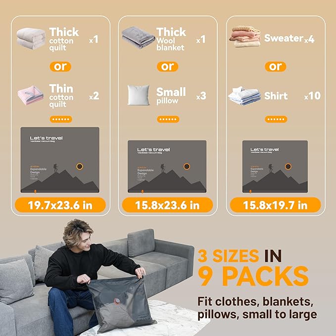 Travel Vacuum Bags with Wireless Pump, 9 Pack Vacuum Storage Bags, vacuum for bags storage, Powerful -58KPa Suction for Luggage, vacuum luggage, Travel and Home Use for Clothes and Blankets