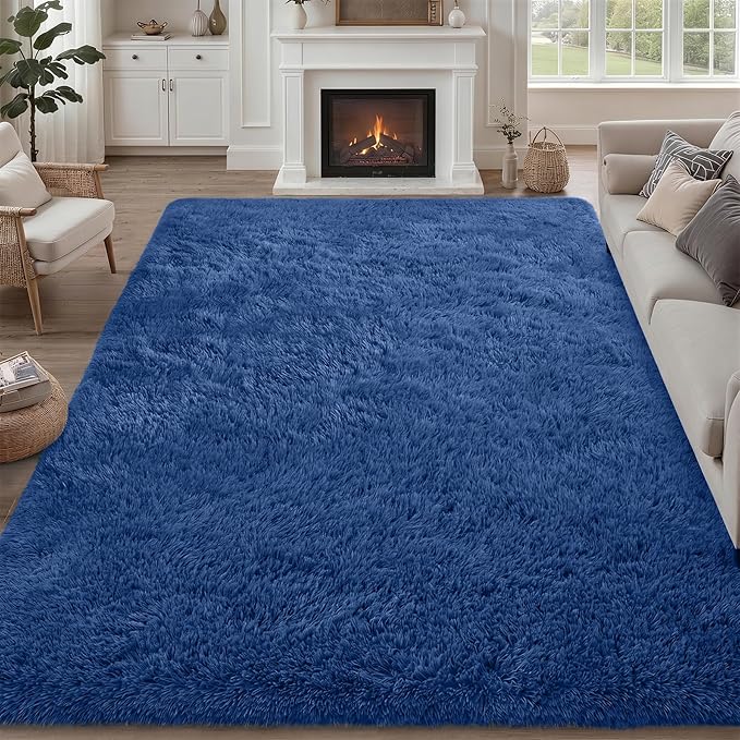 8x10 Area Rugs for Living Room Bedroom: Ultra Soft Fluffy Shag Rug Upgrade Non-Slip Non-Shedding Large Fuzzy Plush Carpet Indoor Floor Carpets for Kids Room Playroom Nursery Dorms Home Decor Blue