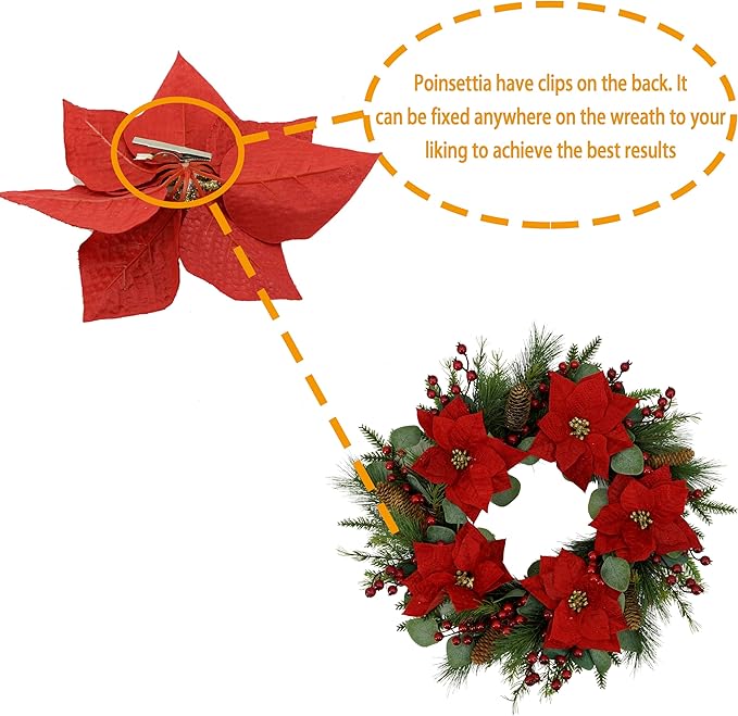 AMF0RESJ 20 inch Artificial Christmas Wreath Winter Wreath with Poinsettia,Eucalyptus Leaves,red Berry,Pine Cones,Pine Needles for Indoor Outdoor Farmhouse Home Wall Window Festival Wedding Decor