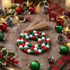 Equsion Seasonal Wooden Bead Garland with Tassels, 3.3 ft Holiday Vintage Boho Bead Garland Easter Tray Decoration, Vase Wall Room Art Birthday Party Decoration(Christmas Colors)