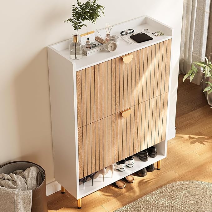 46'' Tall Shoe Storage Cabinet with 2 Flip Drawers, 7-Tier Hidden Shoe Organizer, Narrow Shoe Rack Cabinet, Freestanding Organizer for Entryway/Hallway/Closet, Wood