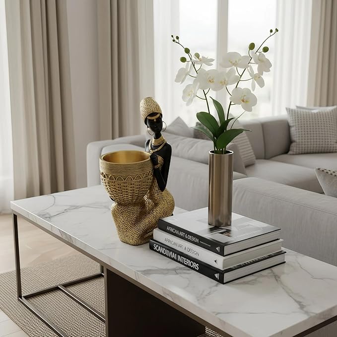 Lescafita Handmade African Tribal Woman Sculpture - Gold Adorned Seated Figure with Basket, Vintage Resin Statue for Home Decor, Unique Housewarming Gift for Shelf/Table (9.65" H)