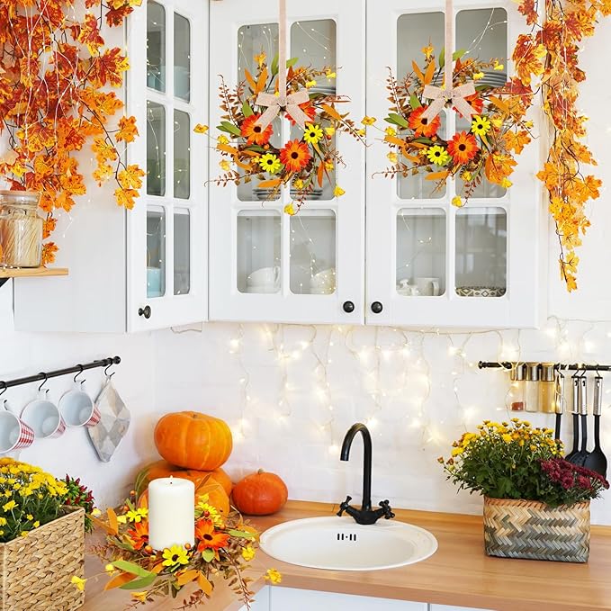 6 Pcs Mini Fall Autumn Swags Wreaths Thanksgiving Artificial Daisy Candle Rings Wreaths Autumn Cabinets Farmhouse Wreath with Ribbon for Pillar Front Door Porch Wall Window Decoration