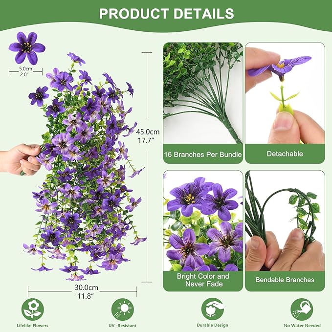 Artificial Flowers for Outdoors, 2 Pcs Fake Hanging Flowers Plants Outdoors Spring Summer Decoration, UV Resistant Faux Flower for Outdoor Planters Porch Patio Yard Window Home Decor(Gradient Purple)