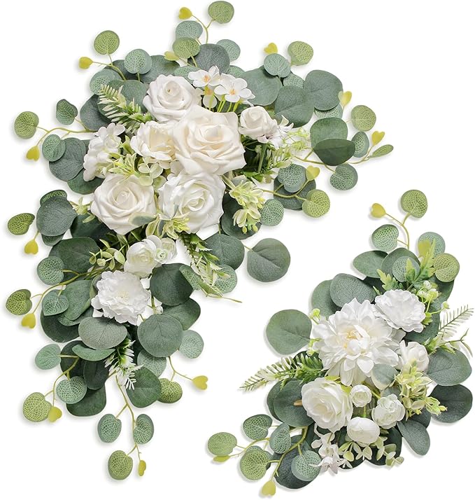 Odouzy Artificial Wedding Arch Flowers for Wedding Sign,Set of 2 for Wedding Welcome Ceremony Sign,Faux Floral Swags,Wedding, Banquet and Reception Backdrop Floral Decoration (White)
