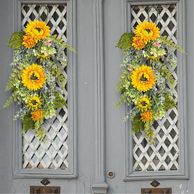 Spring Teardrop Swag for Front Door,Artificial Teardrop Swag,Spring Summer Front Door Teardrop Swag,Artificial Sunflower Swag,Artificial Floral Swag Wreath for Front Door Window(Yellow)