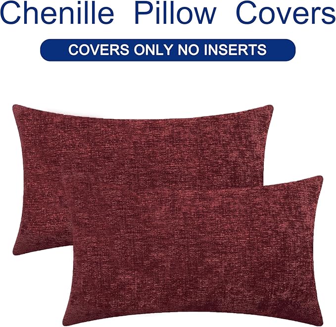 CaliTime Christmas Throw Pillow Covers Decorative 12 X 20 Inches Pack of 2 Cozy Chenille Cushion Cases for Couch Sofa Bed Living Room Home Burgundy
