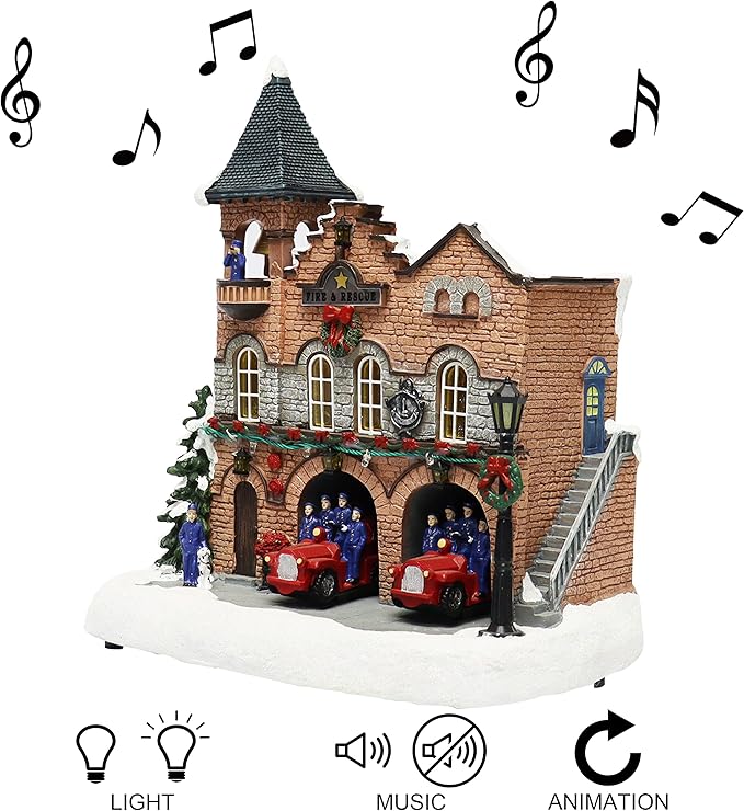 MOMENTS IN TIME Lighted Fire Station Christmas Village 12” Animated Building with LED Lights, 8 Classic Songs & Moving Fire Trucks Power Adapter Included Gift Ready Décor Holiday Display Piece