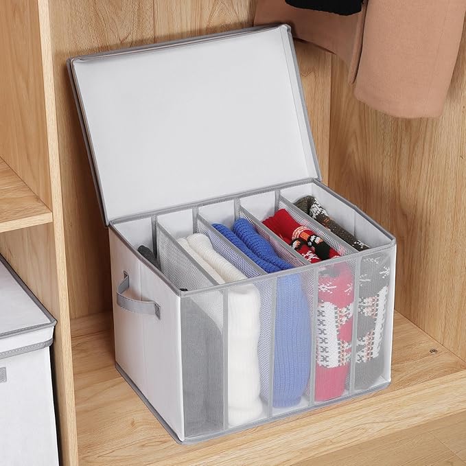 Univivi Large Size Wardrobe Clothes Organizer, 5 Grids Sweater Organizer for Closet with Handles, Support Boards and Lids, Foldable Closet Organizers for Sweaters, Pants, T-shirt, Hoodie- 2 Pack