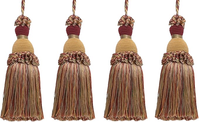 DÉCOPRO Beautiful Hand-Crafted 5" (12.5cm) Key Tassel, 3 1/2" (8.5cm) Loop # IKTJ, Cherry Grove Beige #4770 (Golden Beige, Rust Red, Olive Green) Set of 4