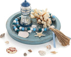 Hanobe Beach Decor Decorative Tray: Farmhouse Coastal Tray for Nautical Themed Decorations Coffee Table - Round Wooden Trays Ocean Style for Bathroom Countertop Centerpiece Rustic Blue