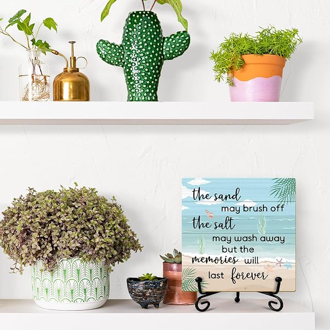 Beach Wooden Sign Desk Decor Wood Plaque with Support Stand, Coastal Decor Beach Summer Decorations for Home Office Porch Beachy Room Shelf Desk Accessories, Summer Vacation Gifts for Women -13