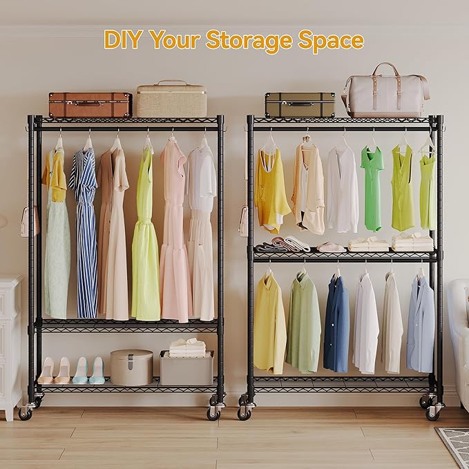 Heavy Duty Garment Rack with Wheels, H2 Plus Rolling Clothing Rack for Hanging Clothes, Load 480 LBS Portable Closet, Metal Adjustable Shelves & Double Hanging Rods for Bedroom Storage, Black