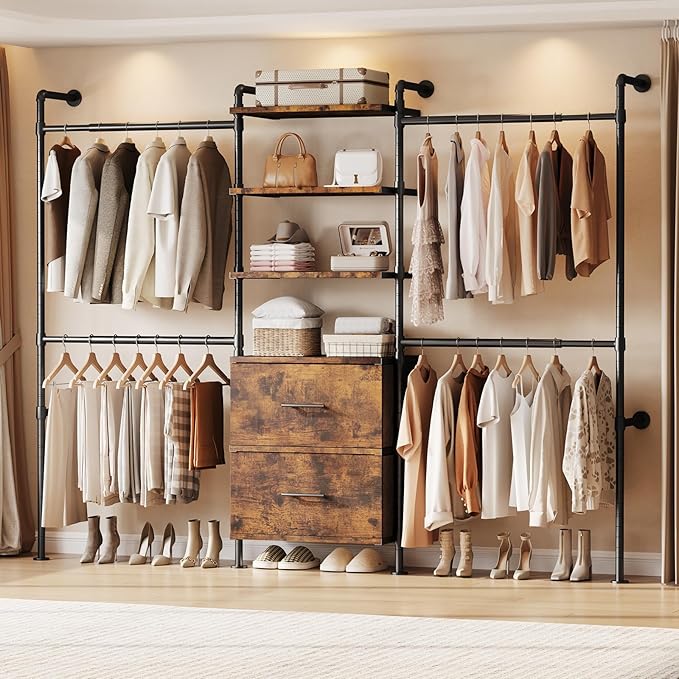ONBRILL T2 Wall Mounted Industrial Pipe Clothing Rack, Closet Organizers and Storage System with 2 Drawers, 6 Wooden Shelves & 4 Expandable Rods, Heavy Duty Garment Rack, Wardrobe (Rustic Brown)