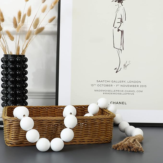 Large White Wooden Beads Garland Farmhouse Decor 50inch long with 1.6" Diameter beads, Wood Beads Decor Tassel Garland Decorative Boho Country Decoration for Coffee Table Home Tiered Tray Wall Hanging