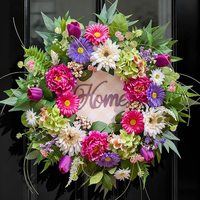Spring Wreaths for Front Door- 24Inch Summer Wreaths with DIY Wooden Home Sign, Artificial Hydrangea, Peony, Tulip & Gerbera Flowers, Spring and Summer Door Wreaths for Indoor Outdoor Decor